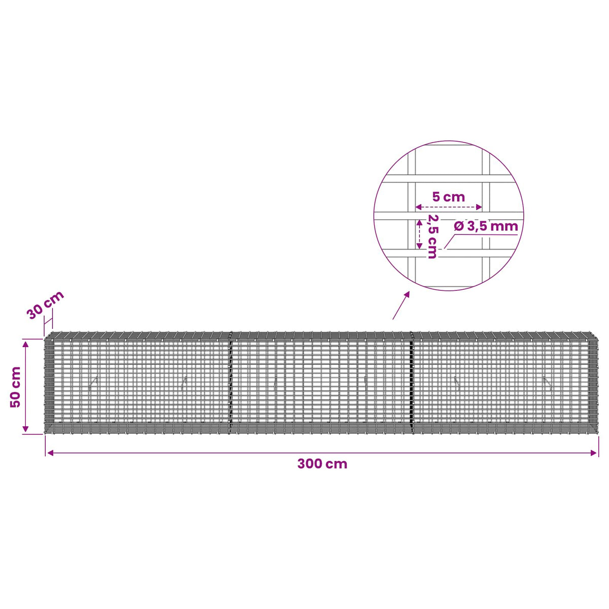 Gabion s žicom debljine 3,5 mm i mrežom 5x2,5 cm 300x30x50 cm