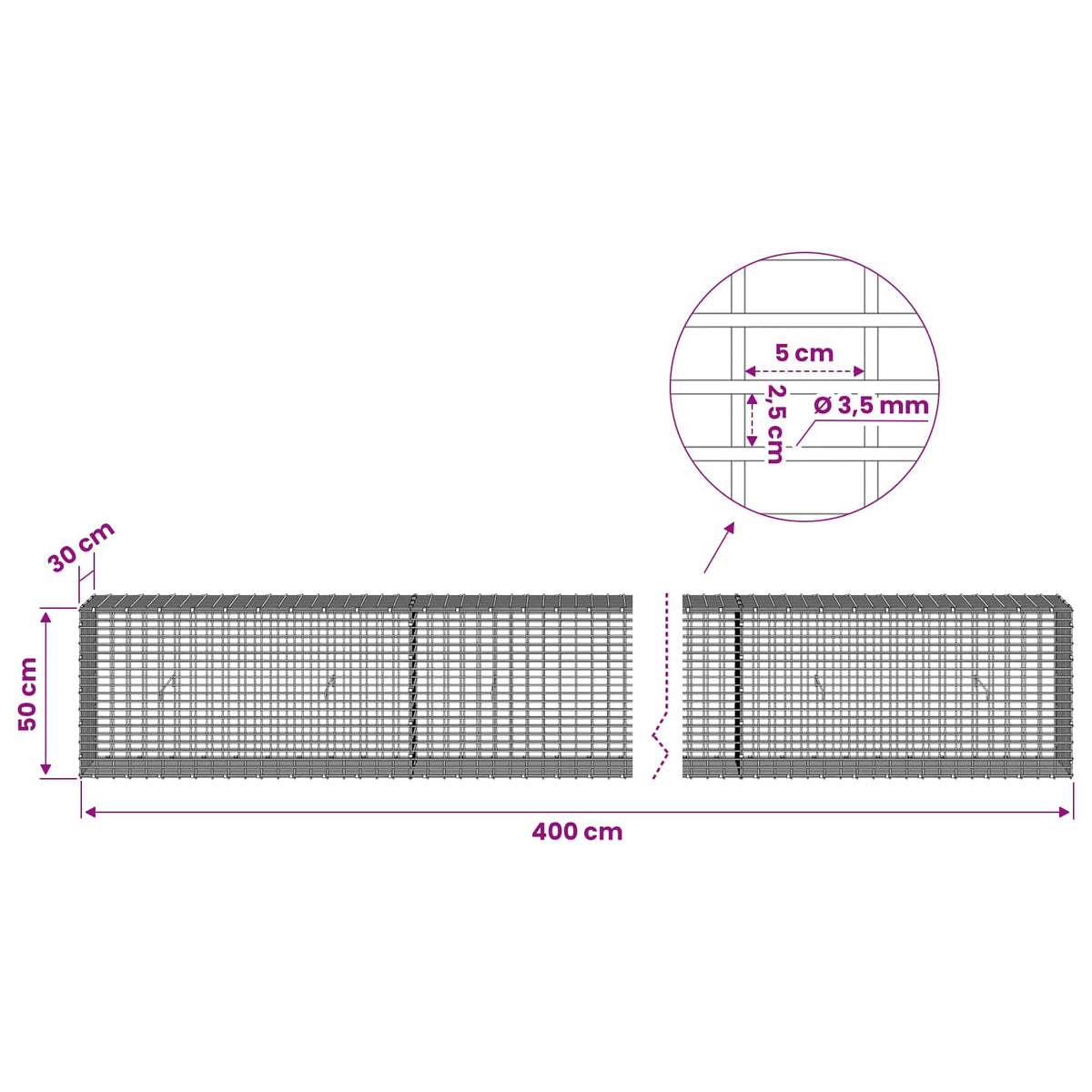 Gabion s žicom debljine 3,5 mm i mrežom 5x2,5 cm 400x30x50 cm