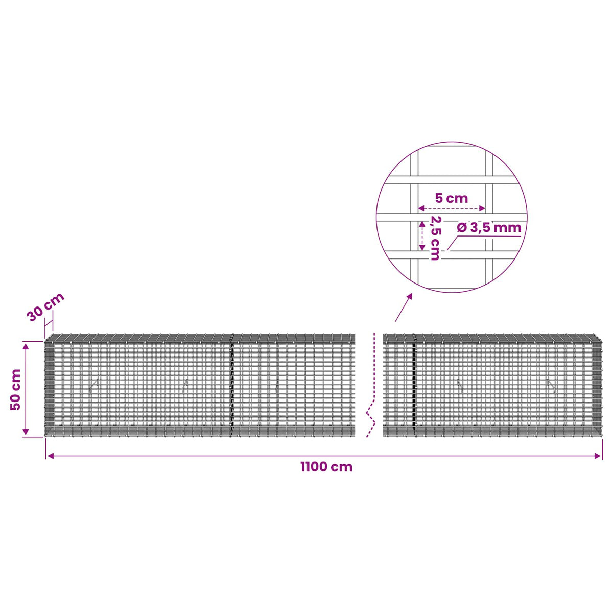 Gabion s žicom debljine 3,5 mm i mrežom 5x2,5 cm 1100x30x50 cm
