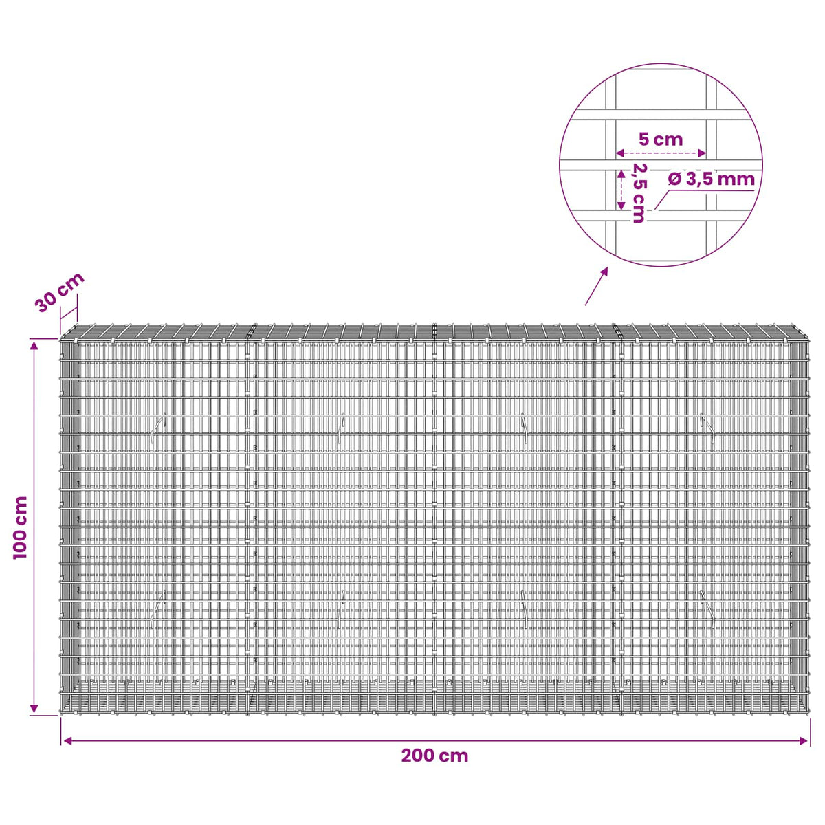 Gabion s žicom debljine 3,5 mm i mrežom 5x2,5 cm 200x30x100 cm