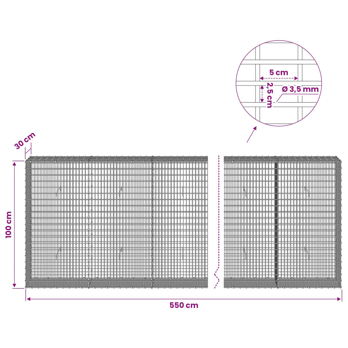 Gabion s žicom debljine 3,5 mm i mrežom 5x2,5 cm 550x30x100 cm