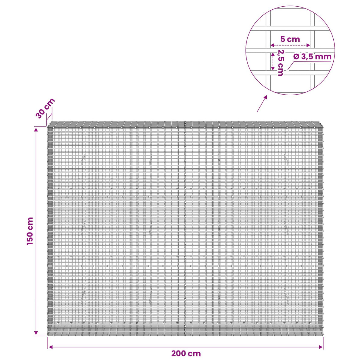 Gabion s žicom debljine 3,5 mm i mrežom 5x2,5 cm 200x30x150 cm
