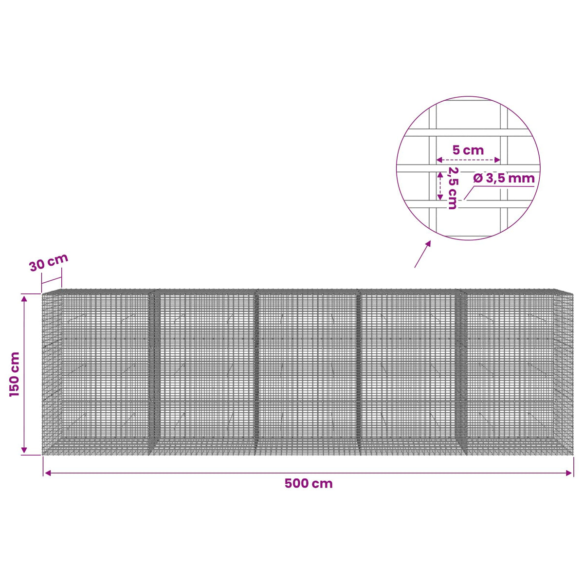 Gabion s žicom debljine 3,5 mm i mrežom 5x2,5 cm 500x30x150 cm