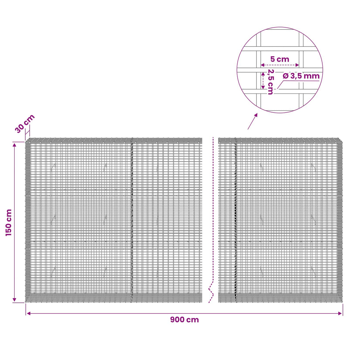 Gabion s žicom debljine 3,5 mm i mrežom 5x2,5 cm 900x30x150 cm