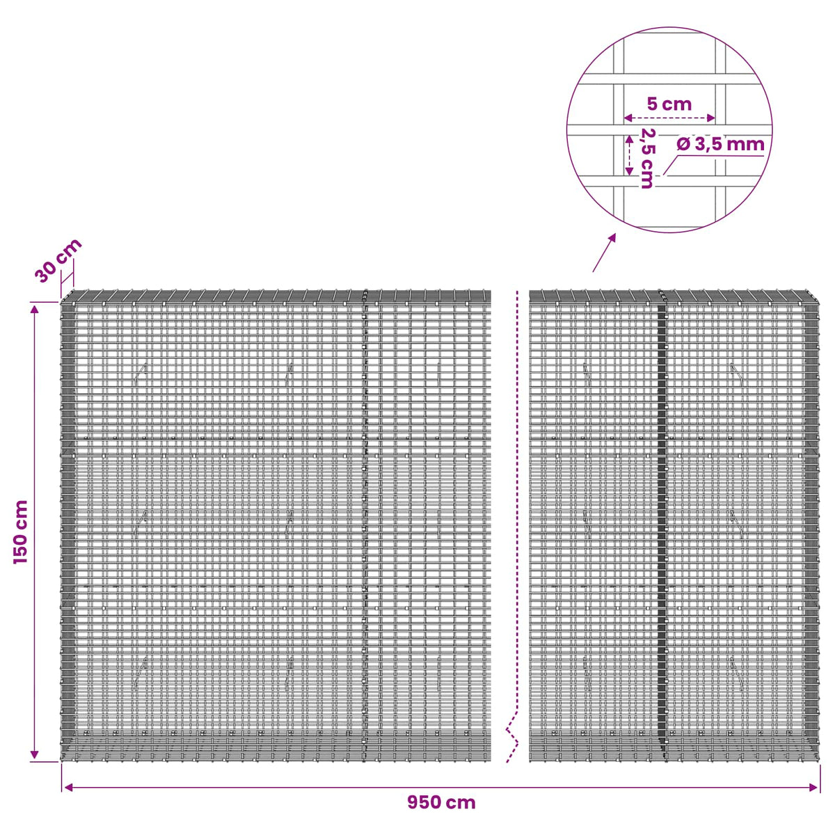 Gabion s žicom debljine 3,5 mm i mrežom 5x2,5 cm 950x30x150 cm