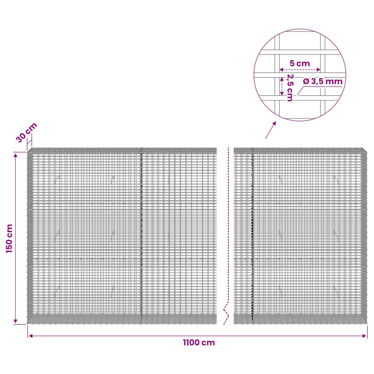 Gabion s žicom debljine 3,5 mm i mrežom 5x2,5 cm 1100x30x150 cm