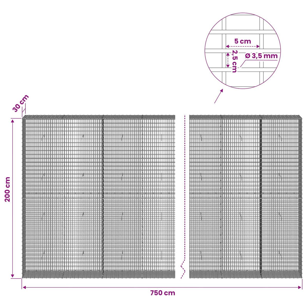 Gabion s žicom debljine 3,5 mm i mrežom 5x2,5 cm 750x30x200 cm
