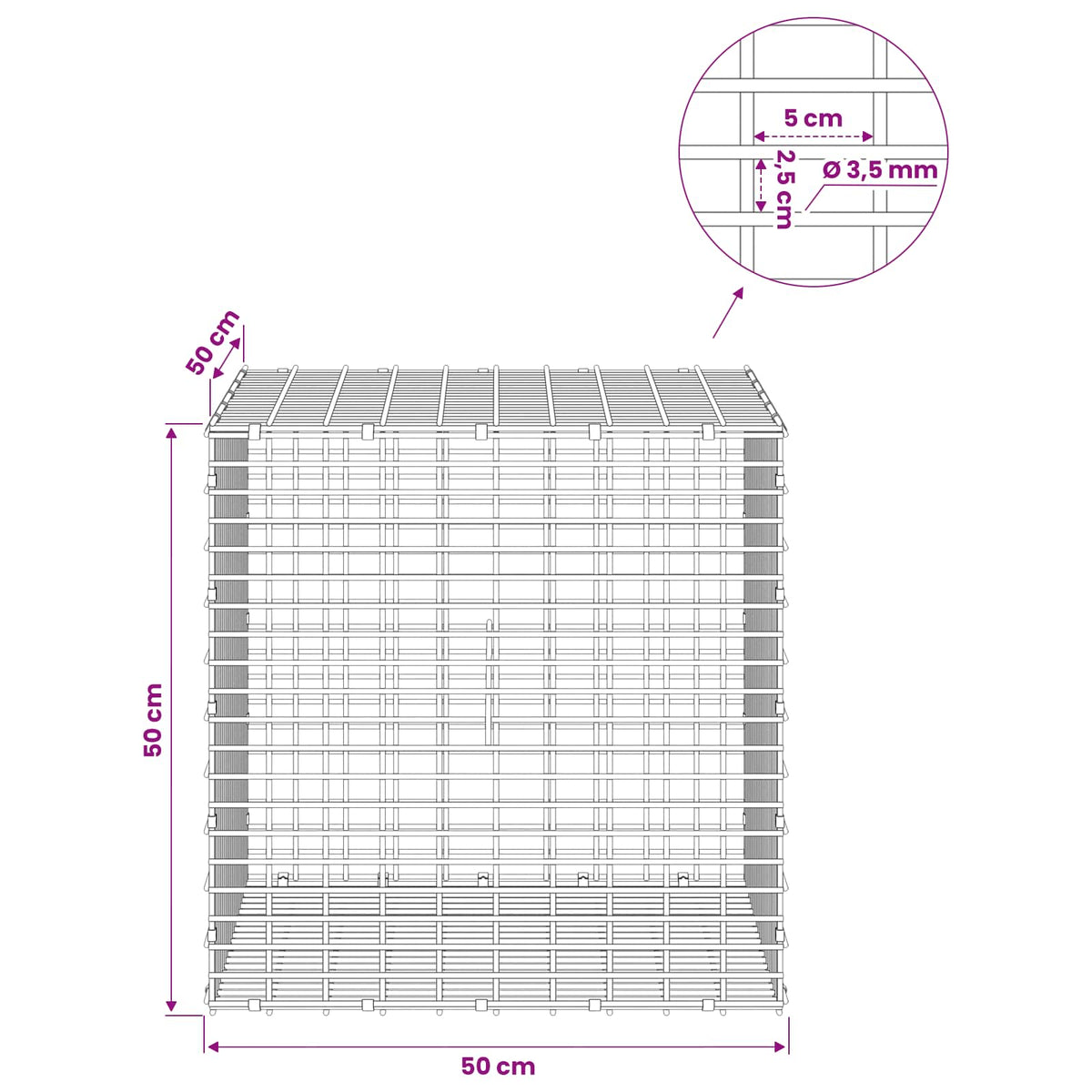 Gabion s žicom debljine 3,5 mm i mrežom 5x2,5 cm 50x50x50 cm