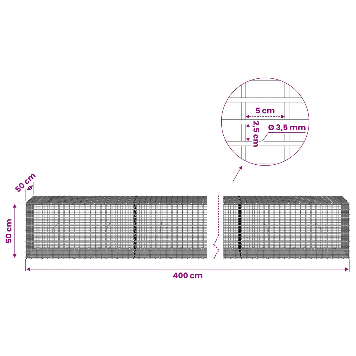 Gabion s žicom debljine 3,5 mm i mrežom 5x2,5 cm 400x50x50 cm