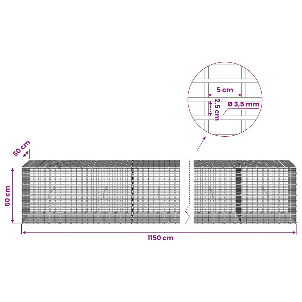 Gabion s žicom debljine 3,5 mm i mrežom 5x2,5 cm 1150x50x50 cm