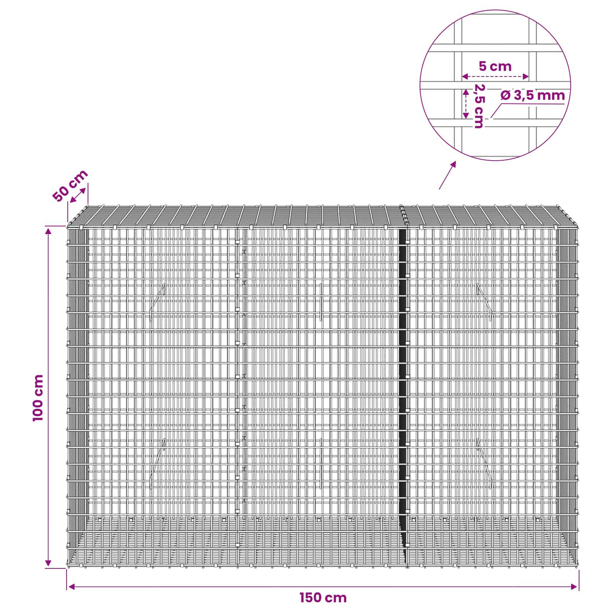 Gabion s žicom debljine 3,5 mm i mrežom 5x2,5 cm 150x50x100 cm