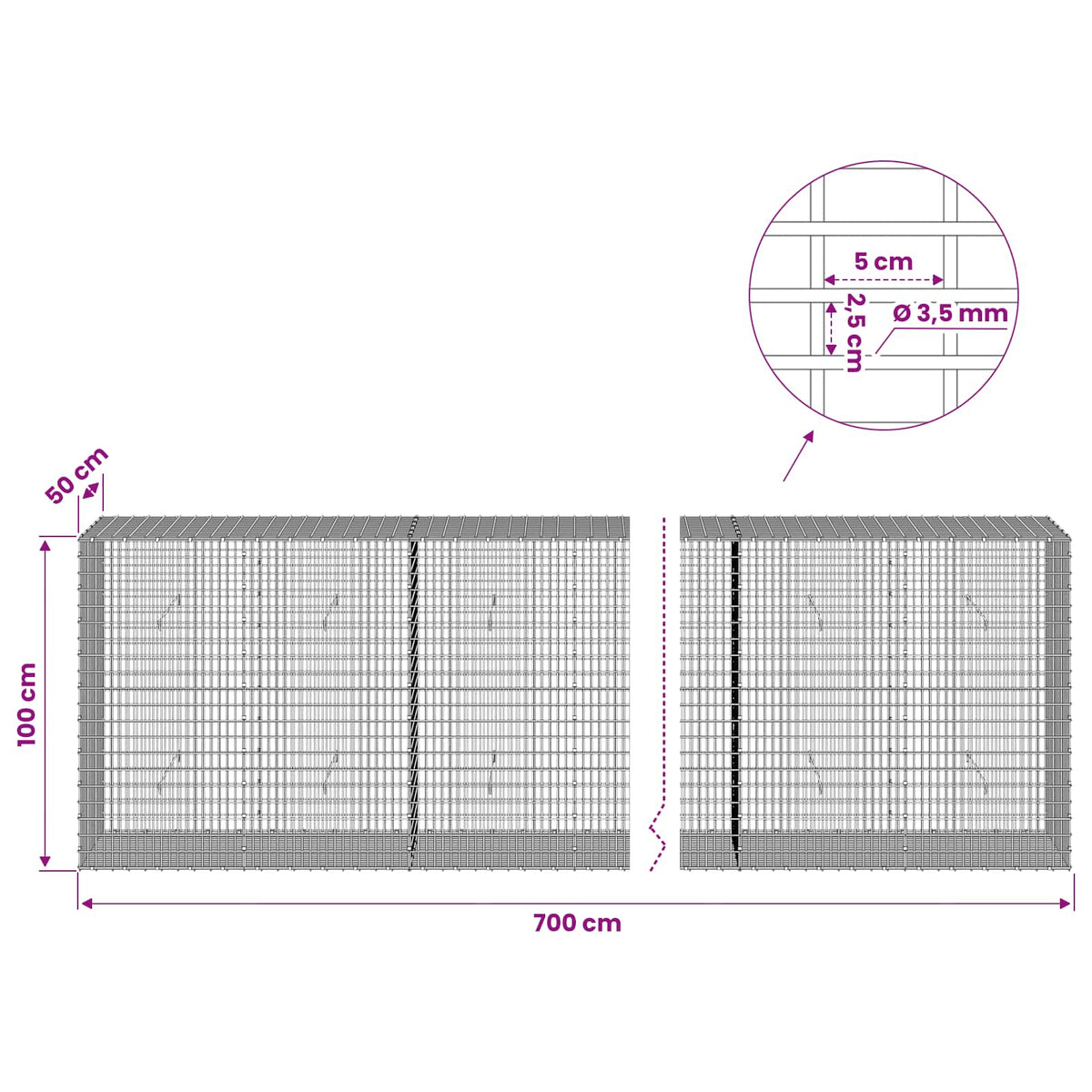 Gabion s žicom debljine 3,5 mm i mrežom 5x2,5 cm 700x50x100 cm