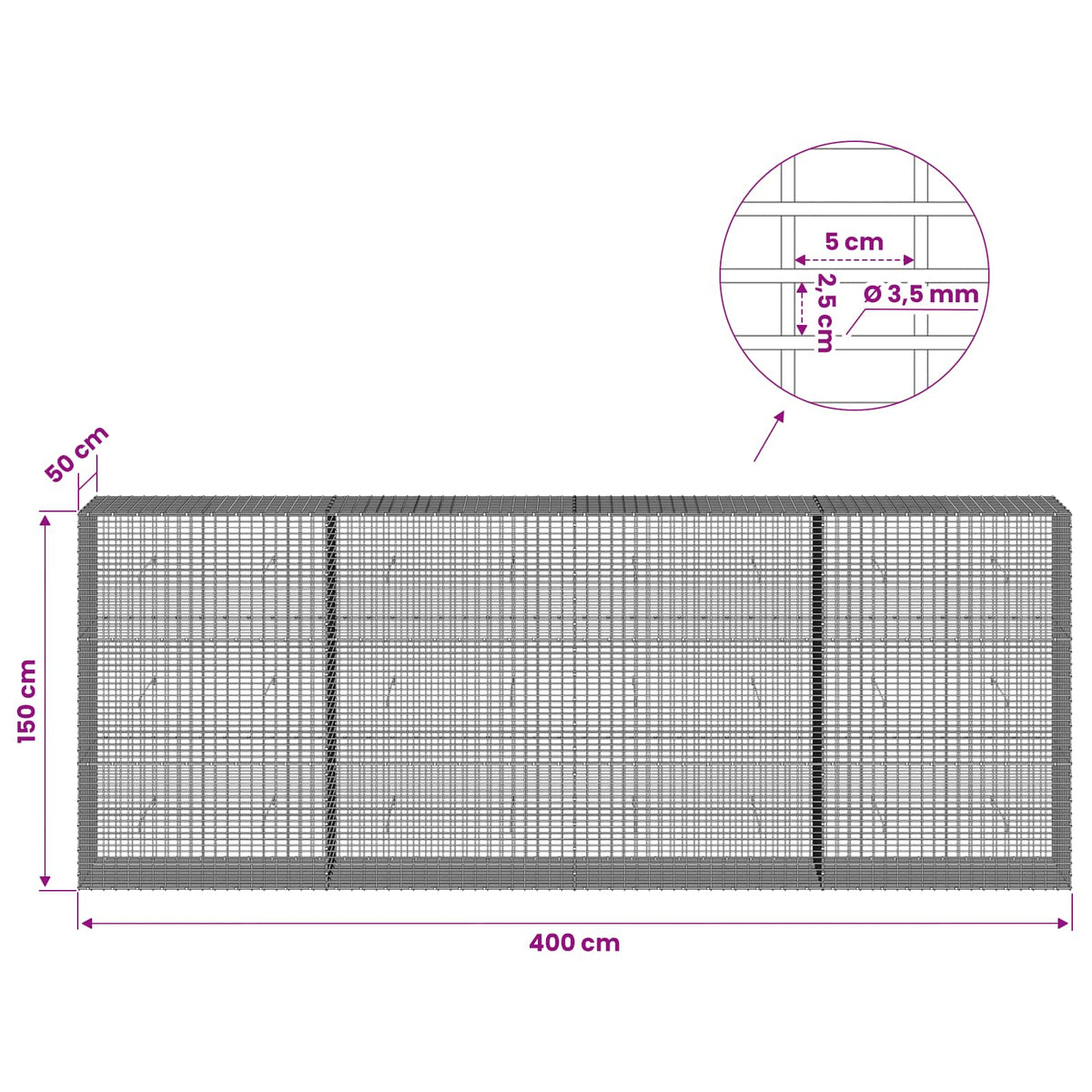 Gabion s žicom debljine 3,5 mm i mrežom 5x2,5 cm 400x50x150 cm