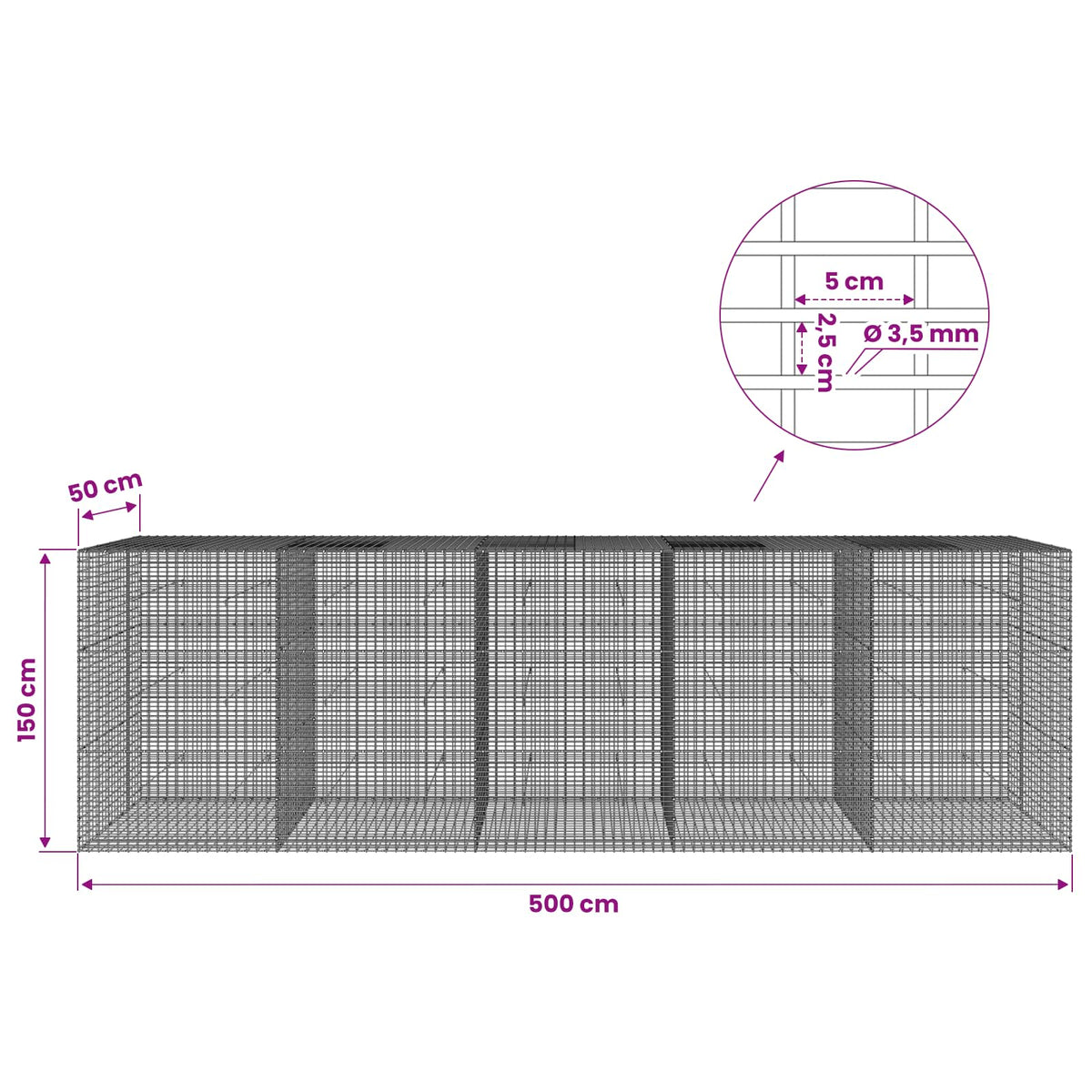 Gabion s žicom debljine 3,5 mm i mrežom 5x2,5 cm 500x50x150 cm