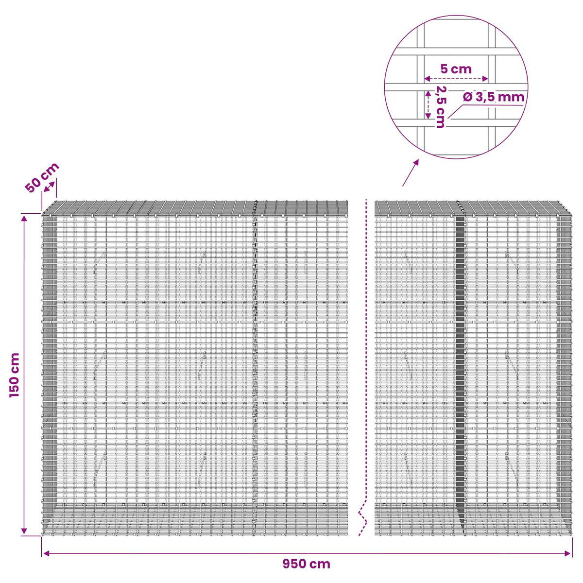 Gabion s žicom debljine 3,5 mm i mrežom 5x2,5 cm 950x50x150 cm