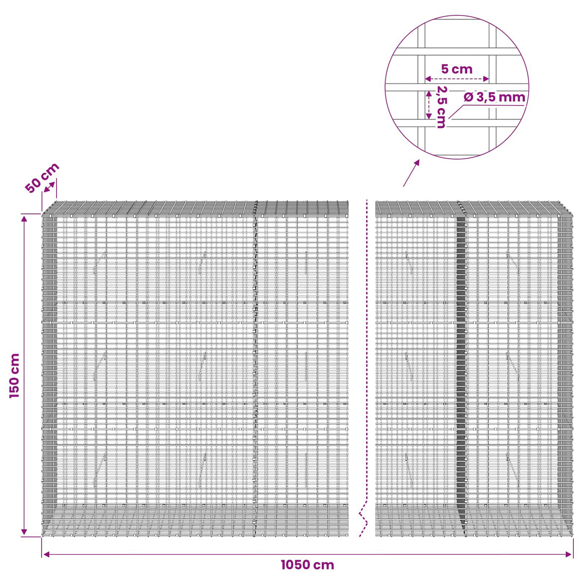 Gabion s žicom debljine 3,5 mm i mrežom 5x2,5 cm 1050x50x150 cm
