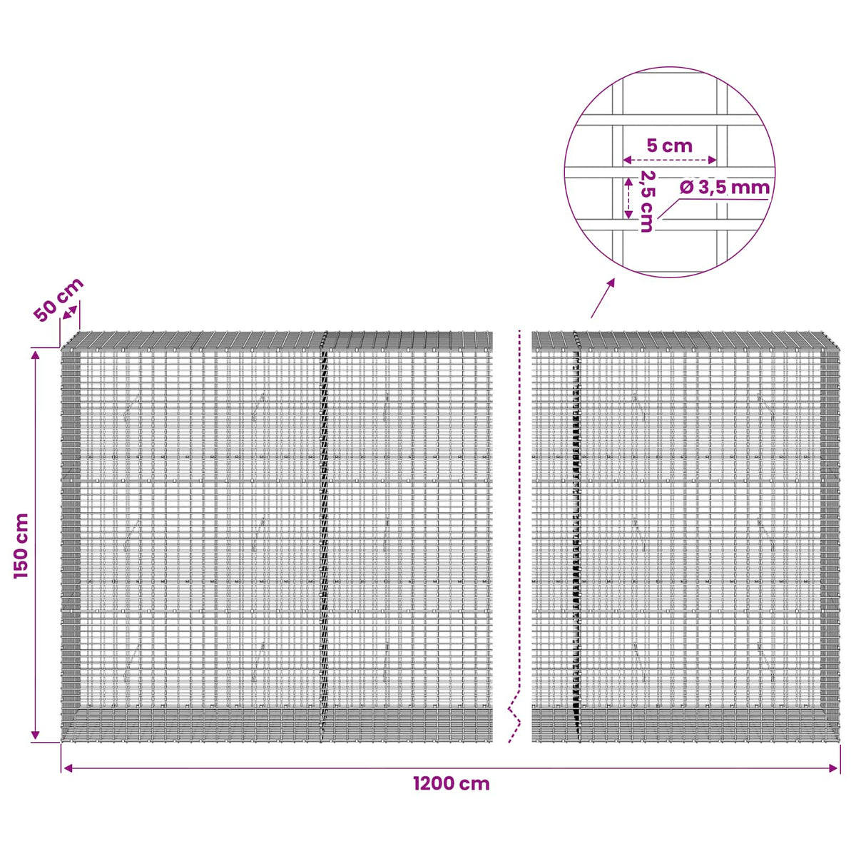 Gabion s žicom debljine 3,5 mm i mrežom 5x2,5 cm 1200x50x150 cm