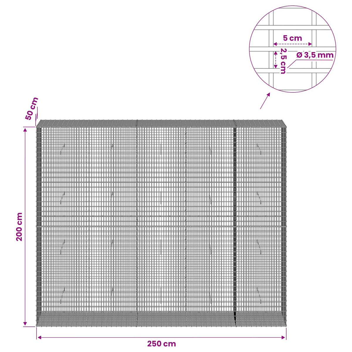 Gabion s žicom debljine 3,5 mm i mrežom 5x2,5 cm 250x50x200 cm