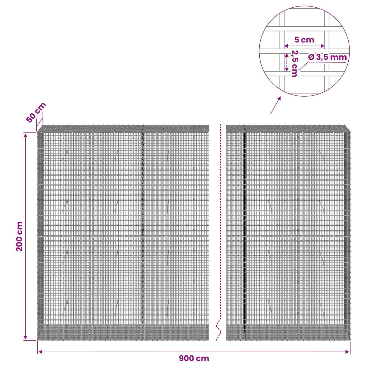 Gabion s žicom debljine 3,5 mm i mrežom 5x2,5 cm 900x50x200 cm