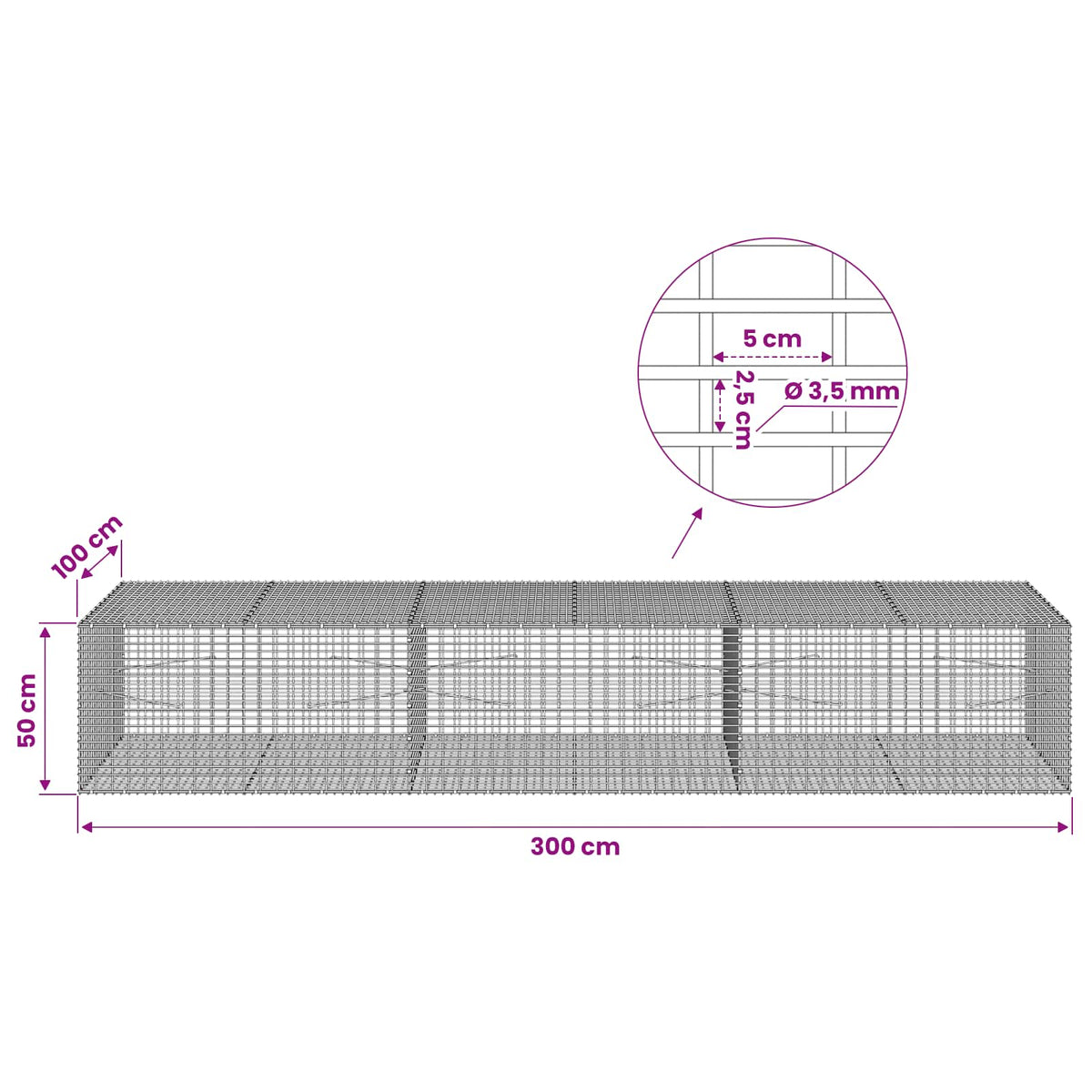 Gabion s žicom debljine 3,5 mm i mrežom 5x2,5 cm 300x100x50 cm