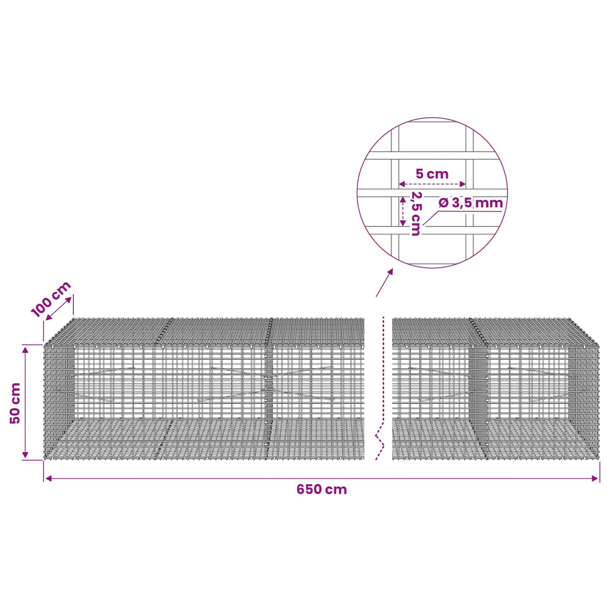 Gabion s žicom debljine 3,5 mm i mrežom 5x2,5 cm 650x100x50 cm