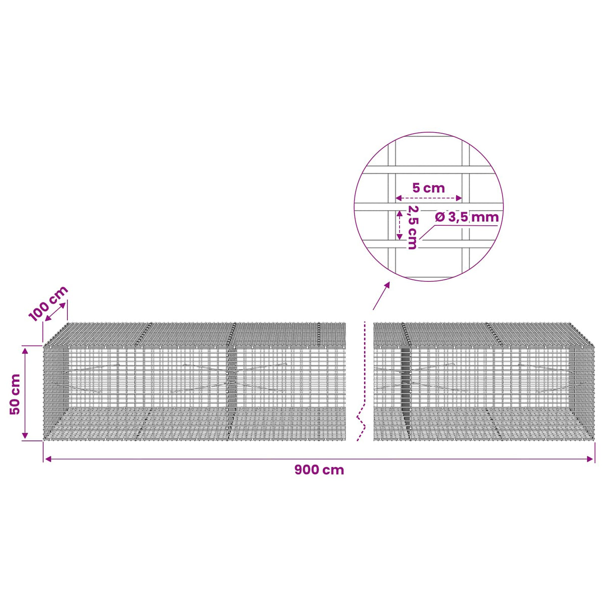 Gabion s žicom debljine 3,5 mm i mrežom 5x2,5 cm 900x100x50 cm
