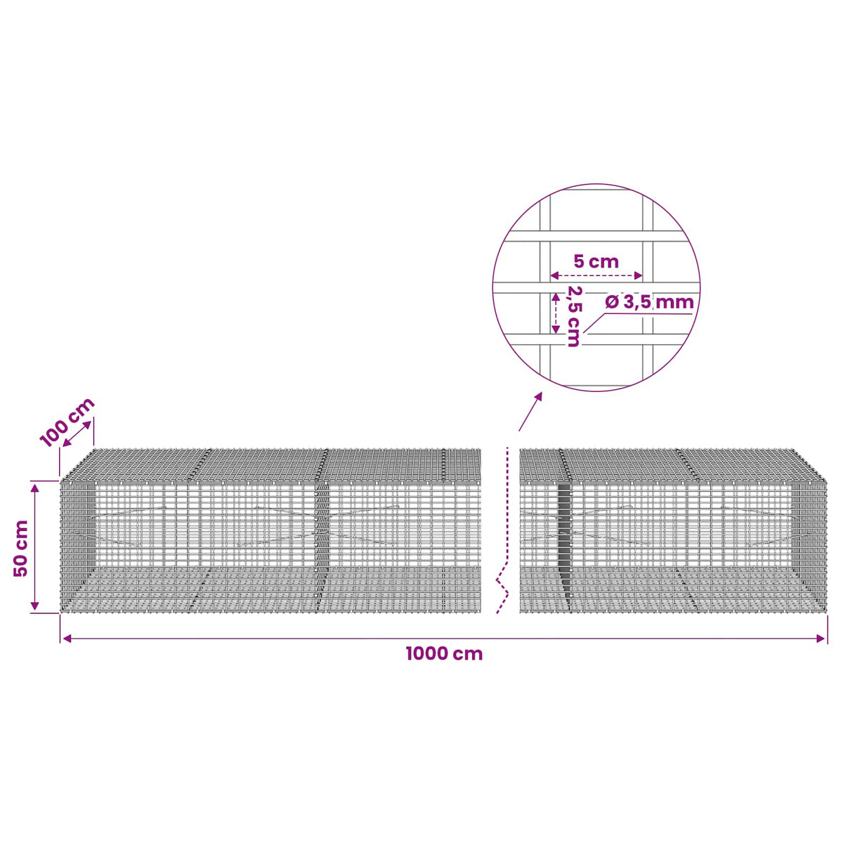 Gabion s žicom debljine 3,5 mm i mrežom 5x2,5 cm 1000x100x50 cm