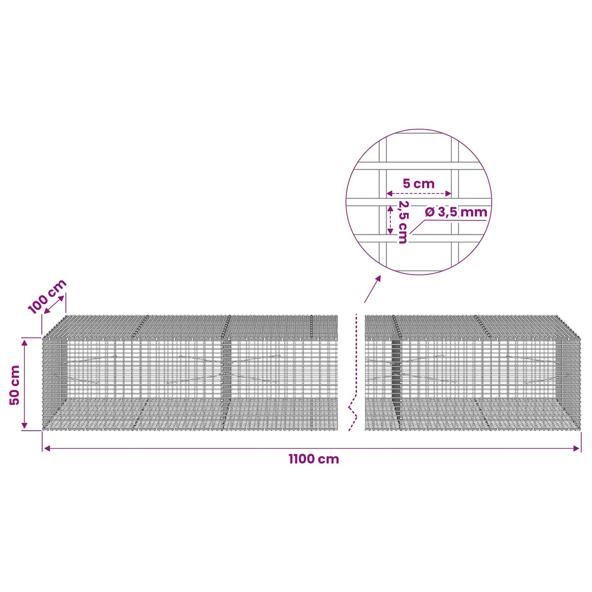 Gabion s žicom debljine 3,5 mm i mrežom 5x2,5 cm 1100x100x50 cm
