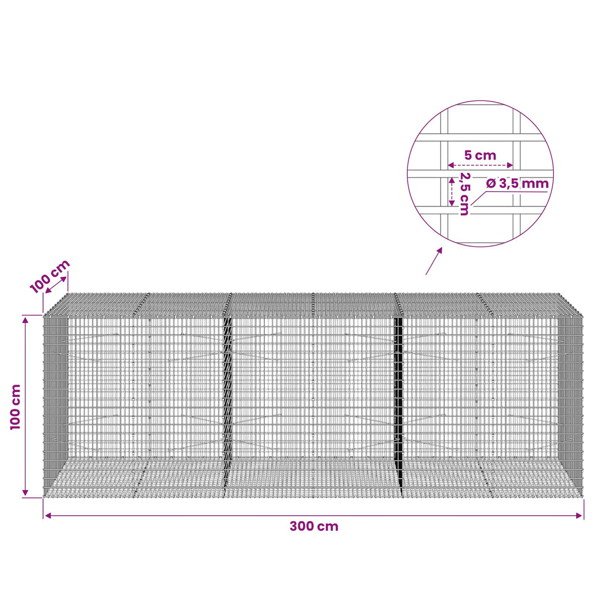 Gabion s žicom debljine 3,5 mm i mrežom 5x2,5 cm 300x100x100 cm