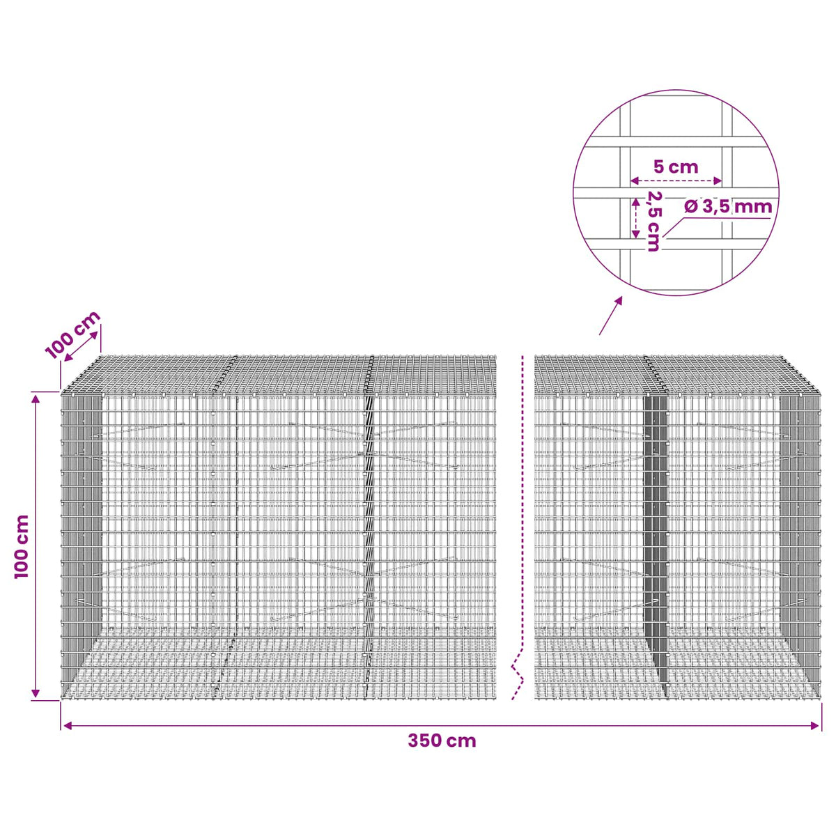 Gabion s žicom debljine 3,5 mm i mrežom 5x2,5 cm 350x100x100 cm