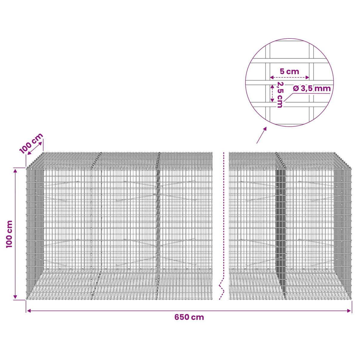 Gabion s žicom debljine 3,5 mm i mrežom 5x2,5 cm 650x100x100 cm