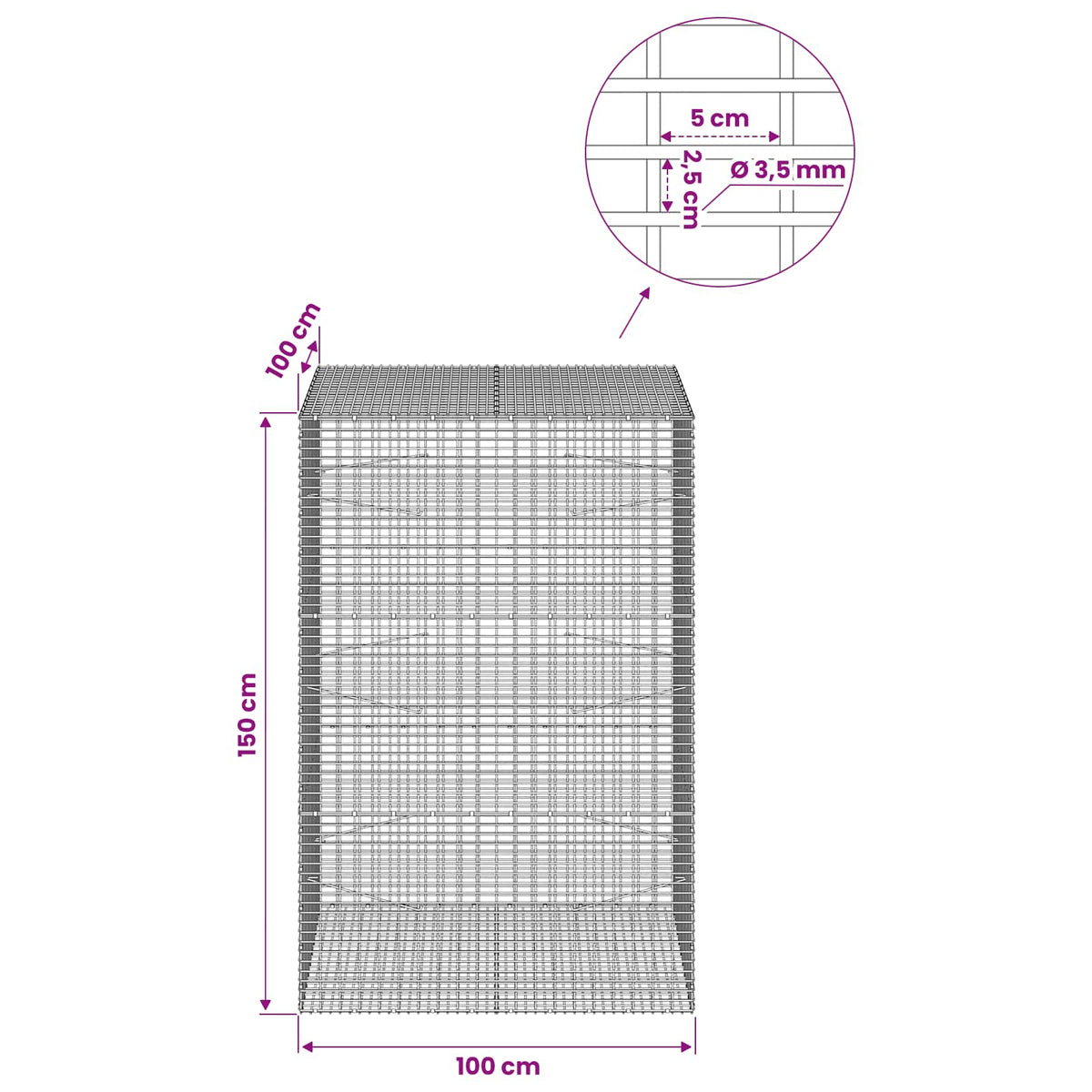 Gabion s žicom debljine 3,5 mm i mrežom 5x2,5 cm 100x100x150 cm