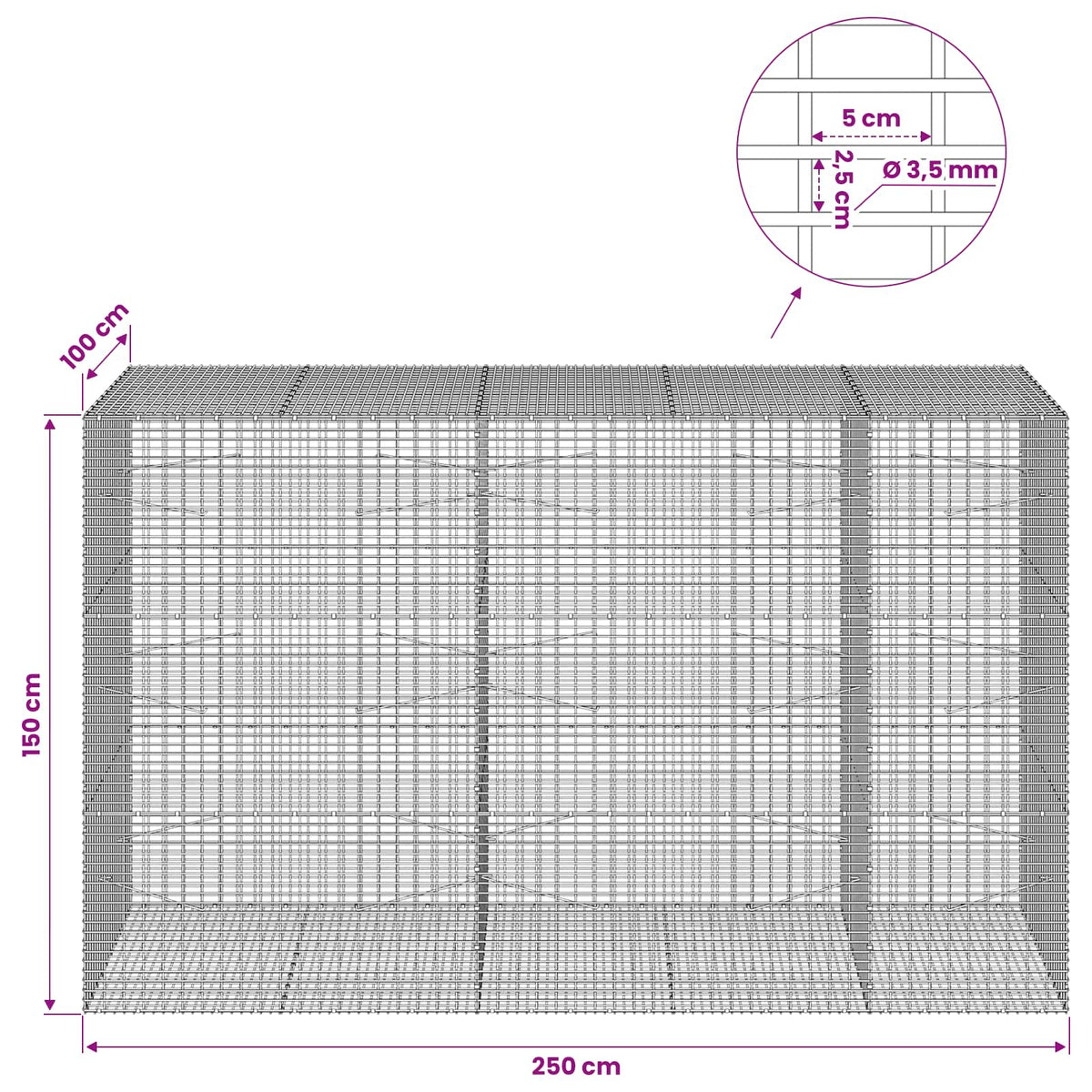 Gabion s žicom debljine 3,5 mm i mrežom 5x2,5 cm 250x100x150 cm