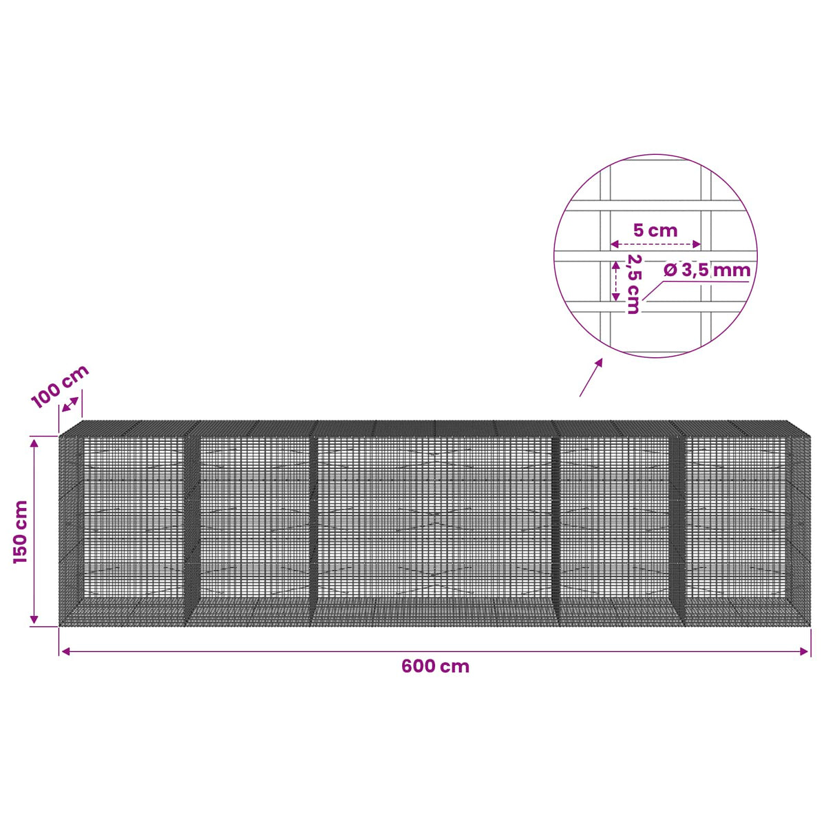 Gabion s žicom debljine 3,5 mm i mrežom 5x2,5 cm 600x100x150 cm