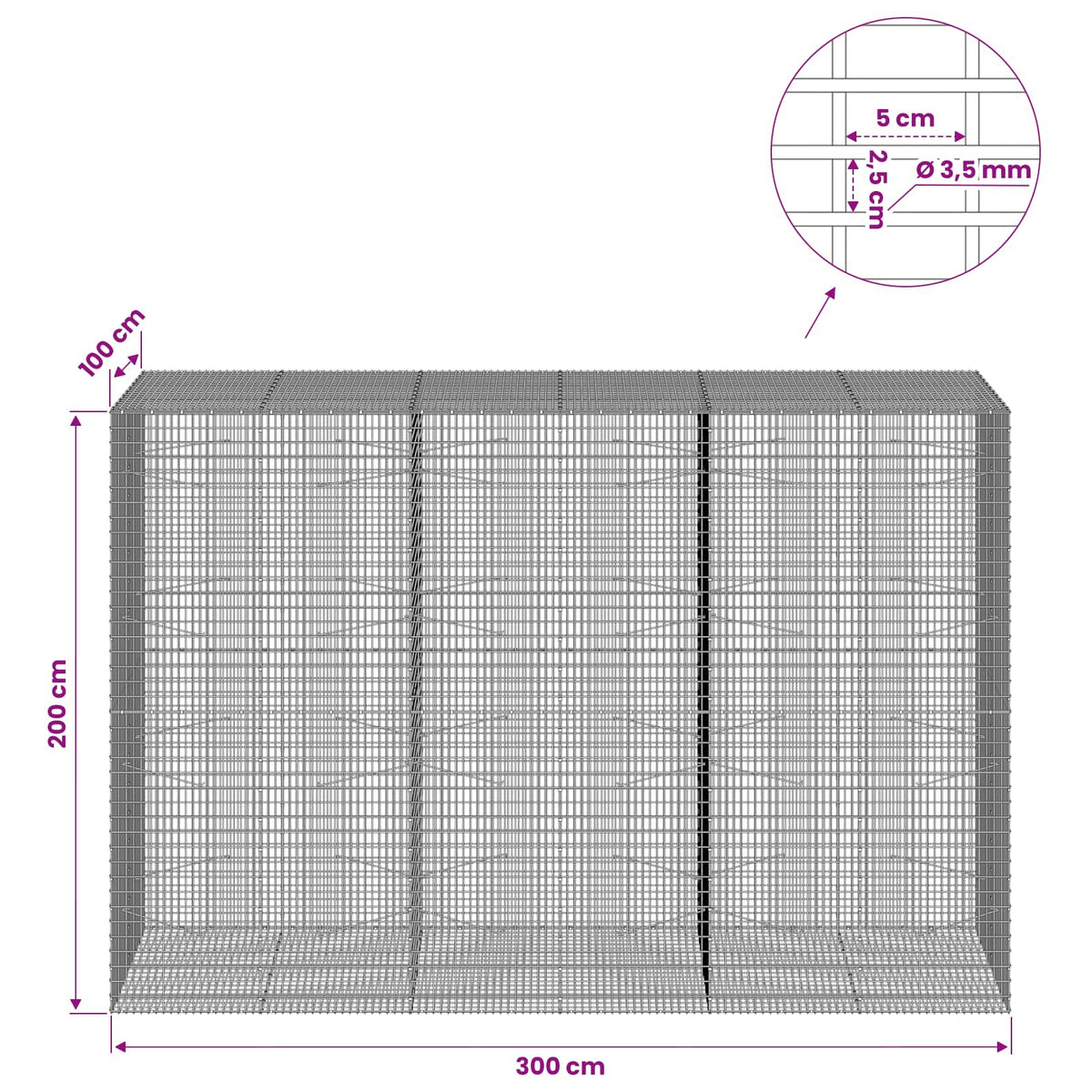 Gabion s žicom debljine 3,5 mm i mrežom 5x2,5 cm 300x100x200 cm