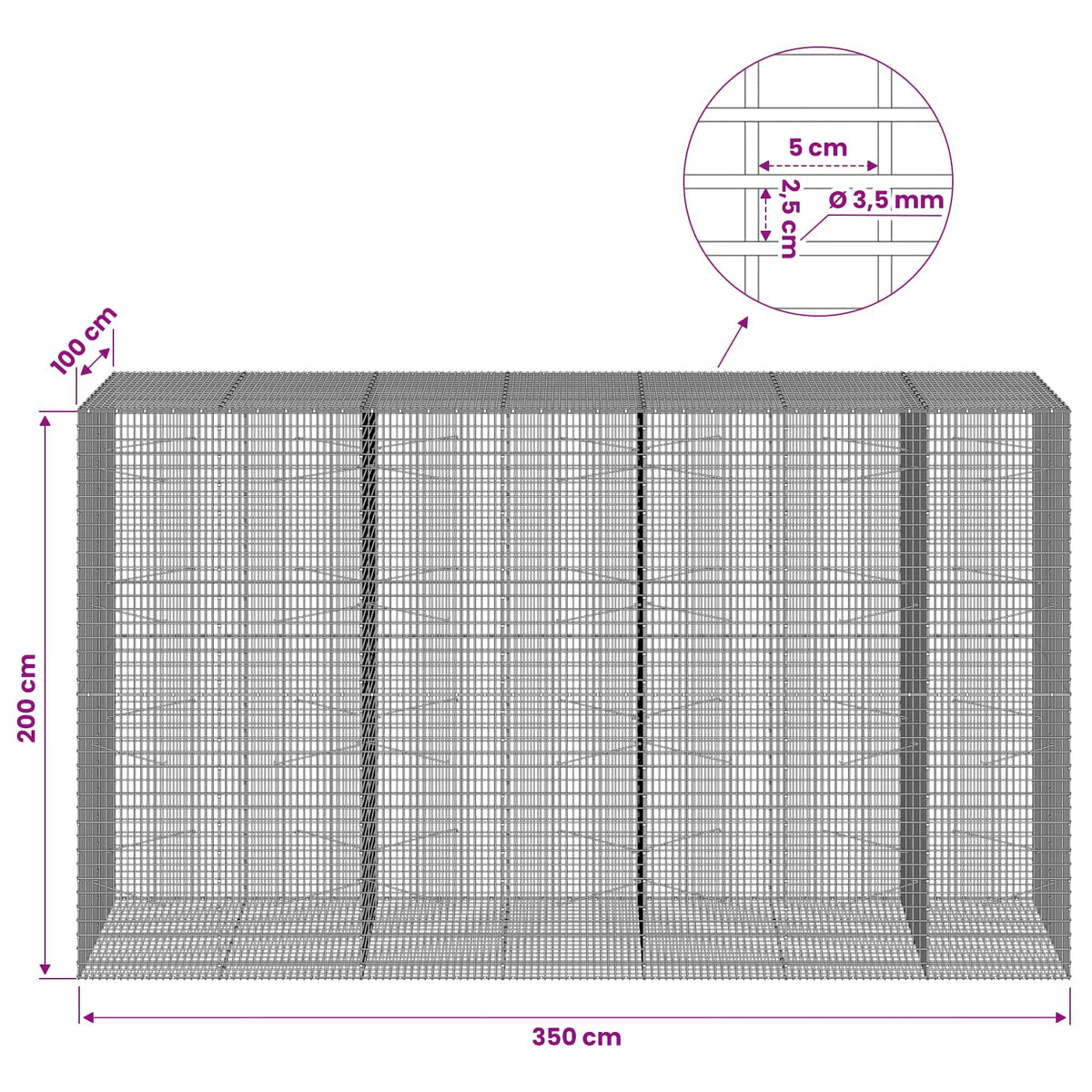 Gabion s žicom debljine 3,5 mm i mrežom 5x2,5 cm 350x100x200 cm