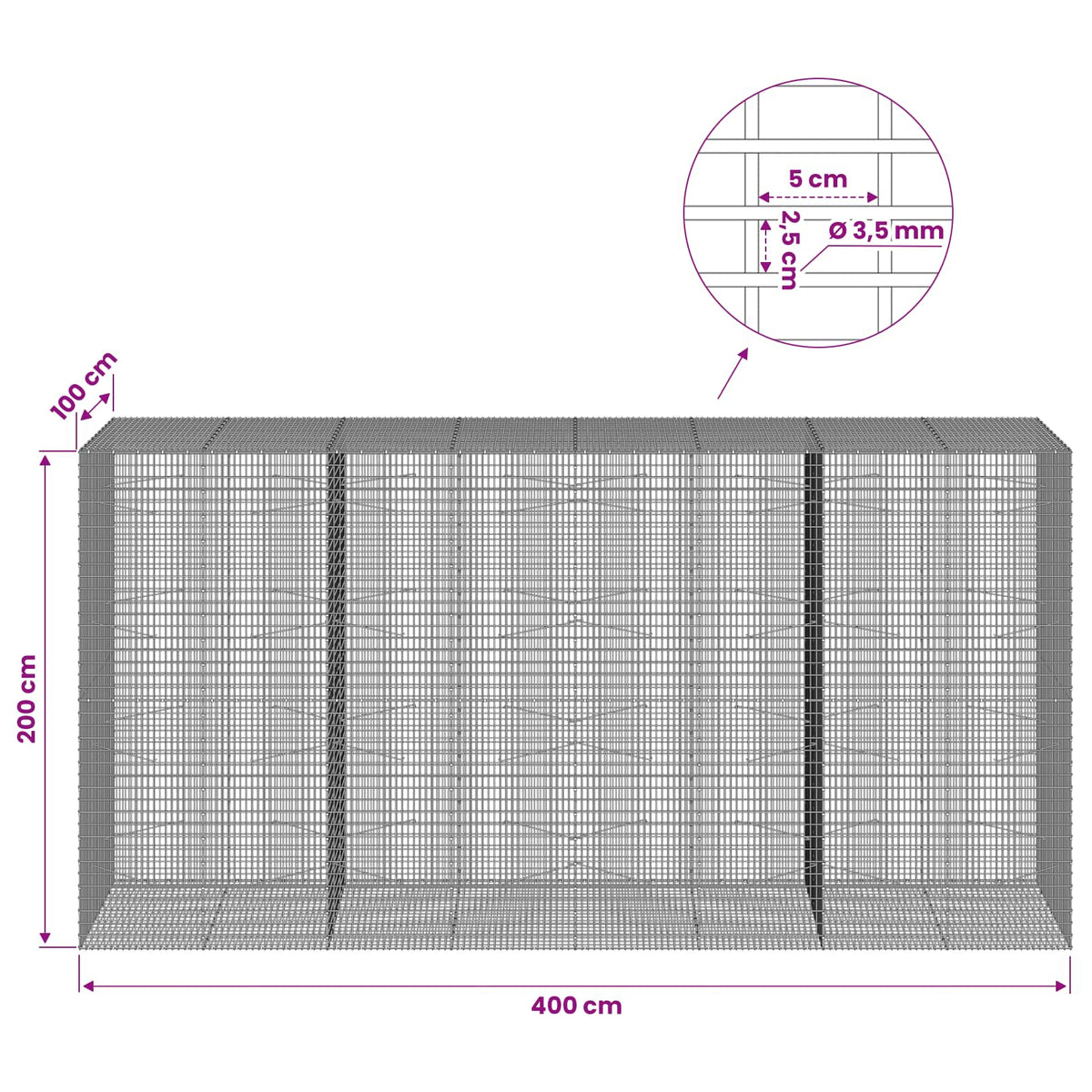 Gabion s žicom debljine 3,5 mm i mrežom 5x2,5 cm 400x100x200 cm