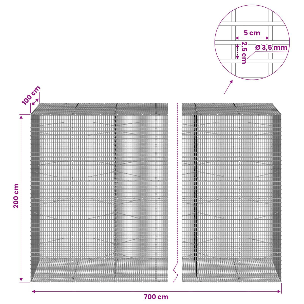 Gabion s žicom debljine 3,5 mm i mrežom 5x2,5 cm 700x100x200 cm