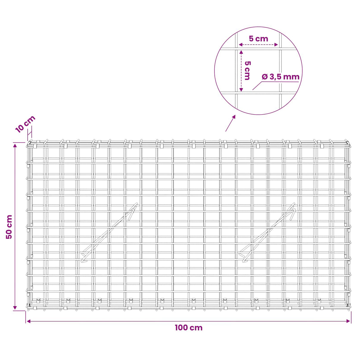Gabion s žicom debljine 3,5 mm i mrežom 5x5 cm 100x10x50 cm