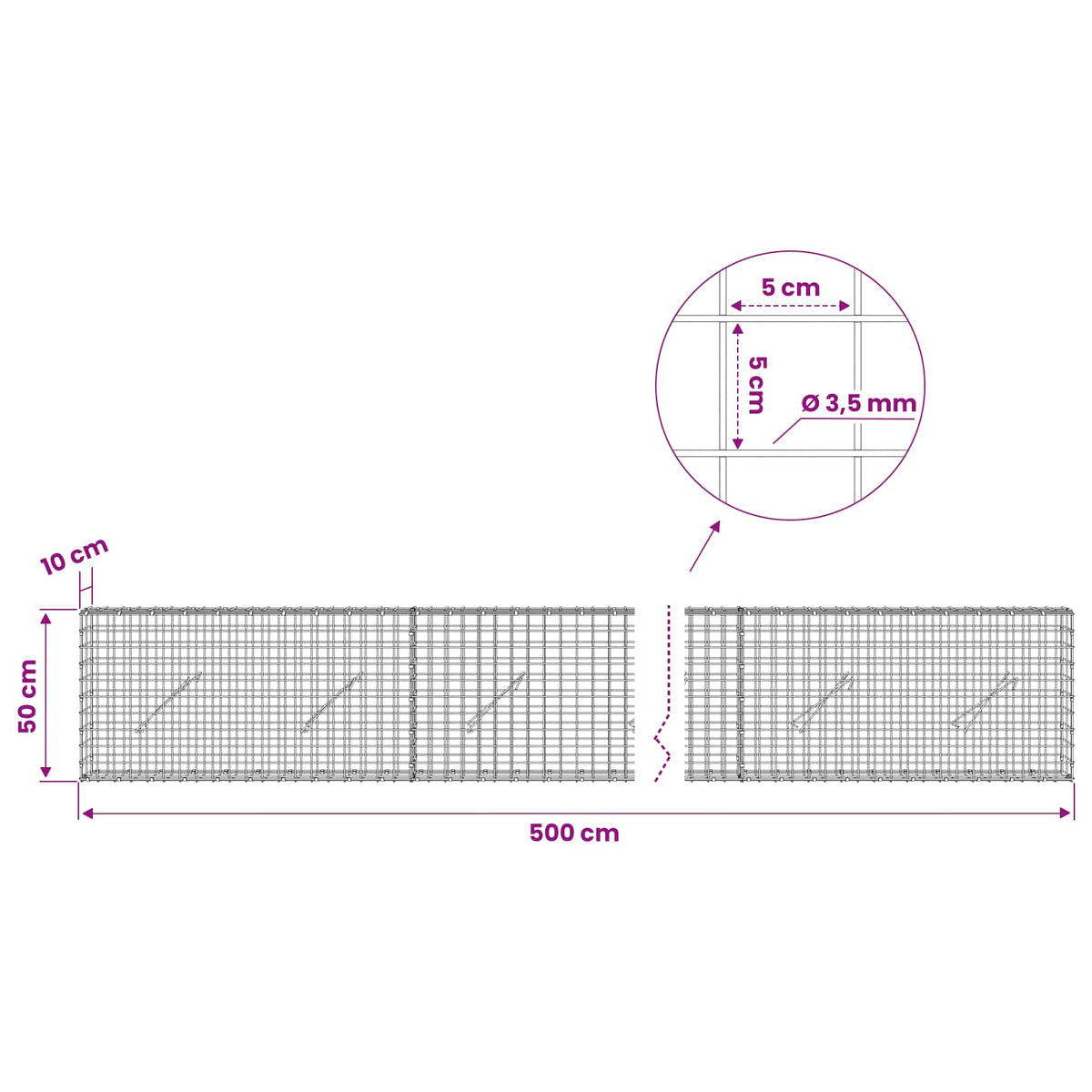 Gabion s žicom debljine 3,5 mm i mrežom 5x5 cm 500x10x50 cm