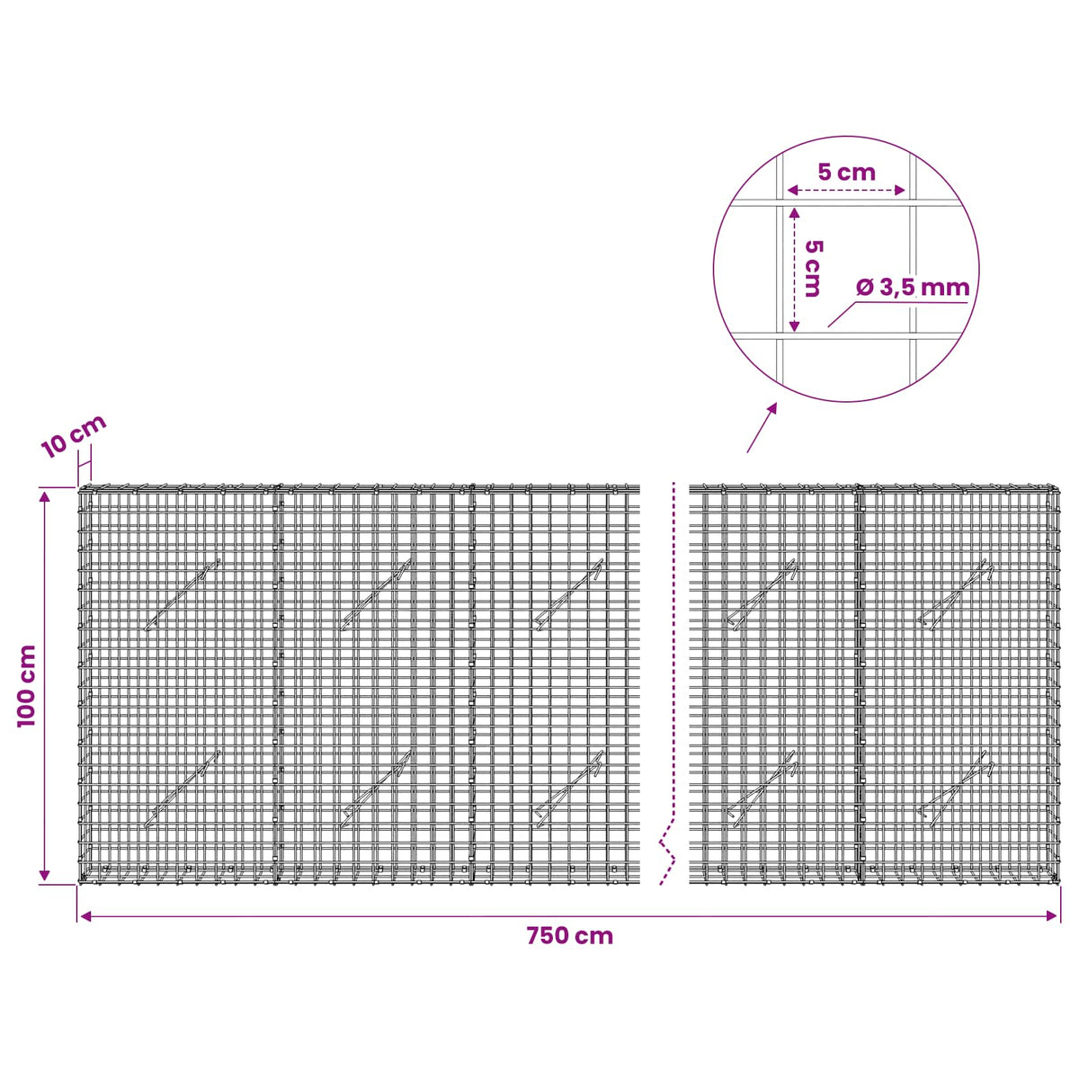 Gabion s žicom debljine 3,5 mm i mrežom 5x5 cm 750x10x100 cm