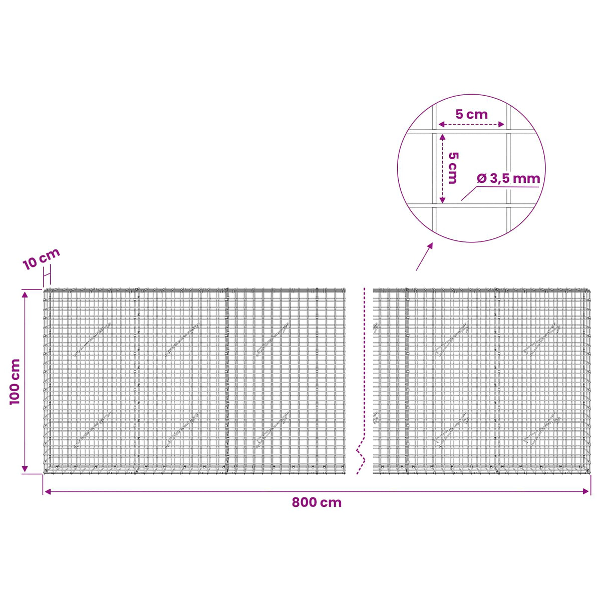 Gabion s žicom debljine 3,5 mm i mrežom 5x5 cm 800x10x100 cm