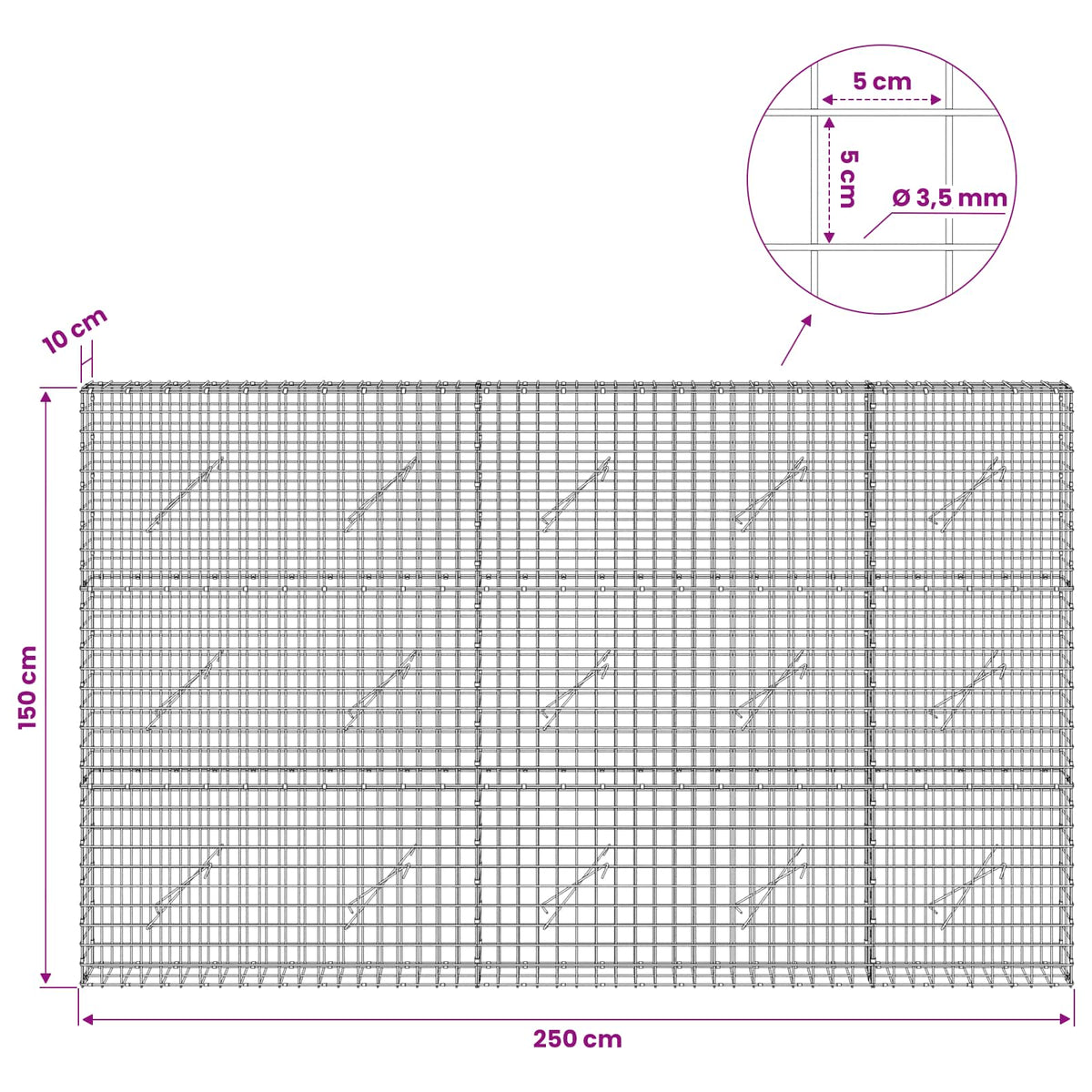 Gabion s žicom debljine 3,5 mm i mrežom 5x5 cm 250x10x150 cm