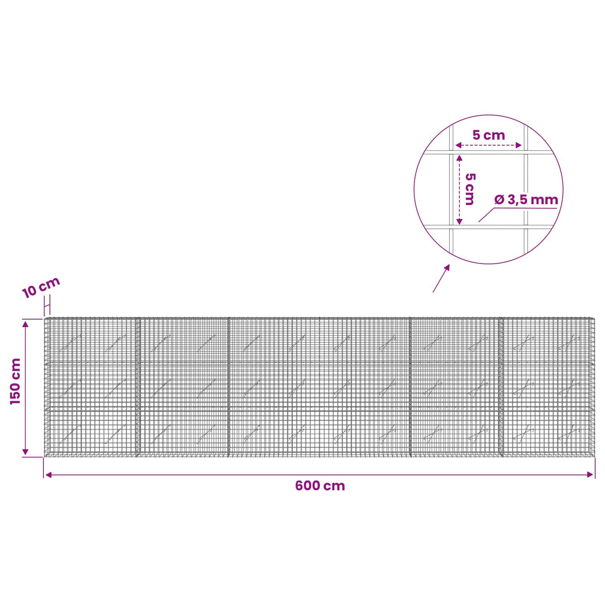 Gabion s žicom debljine 3,5 mm i mrežom 5x5 cm 600x10x150 cm