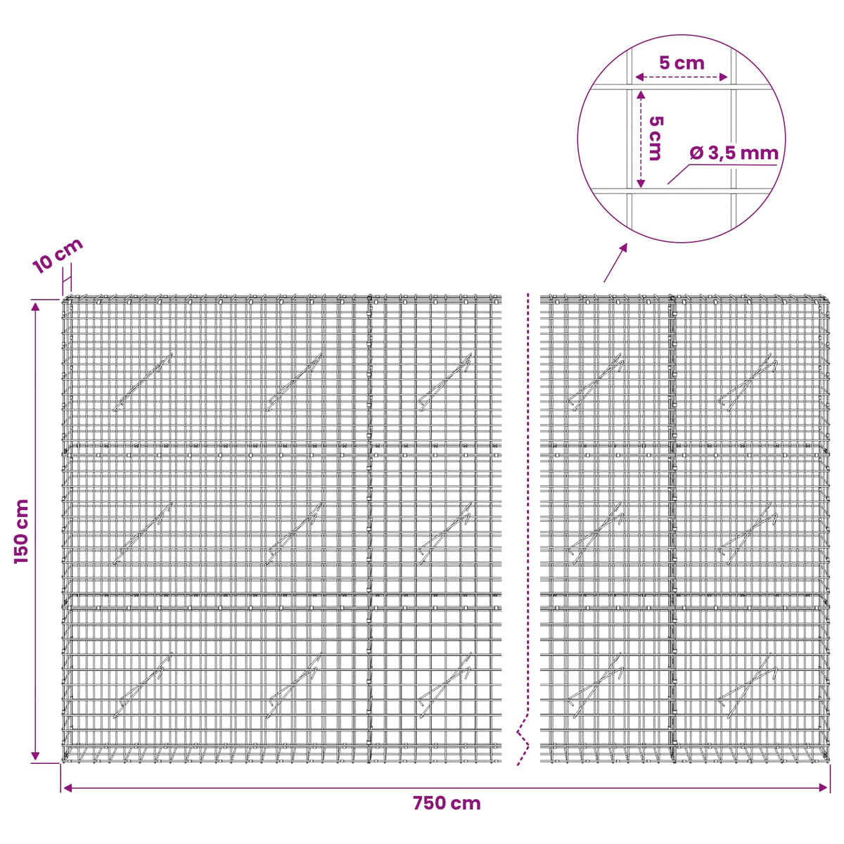 Gabion s žicom debljine 3,5 mm i mrežom 5x5 cm 750x10x150 cm
