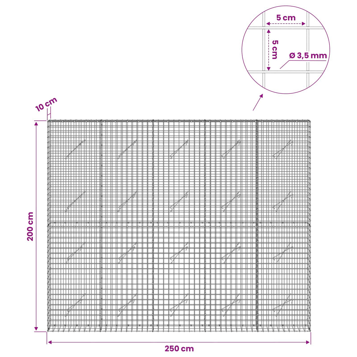 Gabion s žicom debljine 3,5 mm i mrežom 5x5 cm 250x10x200 cm