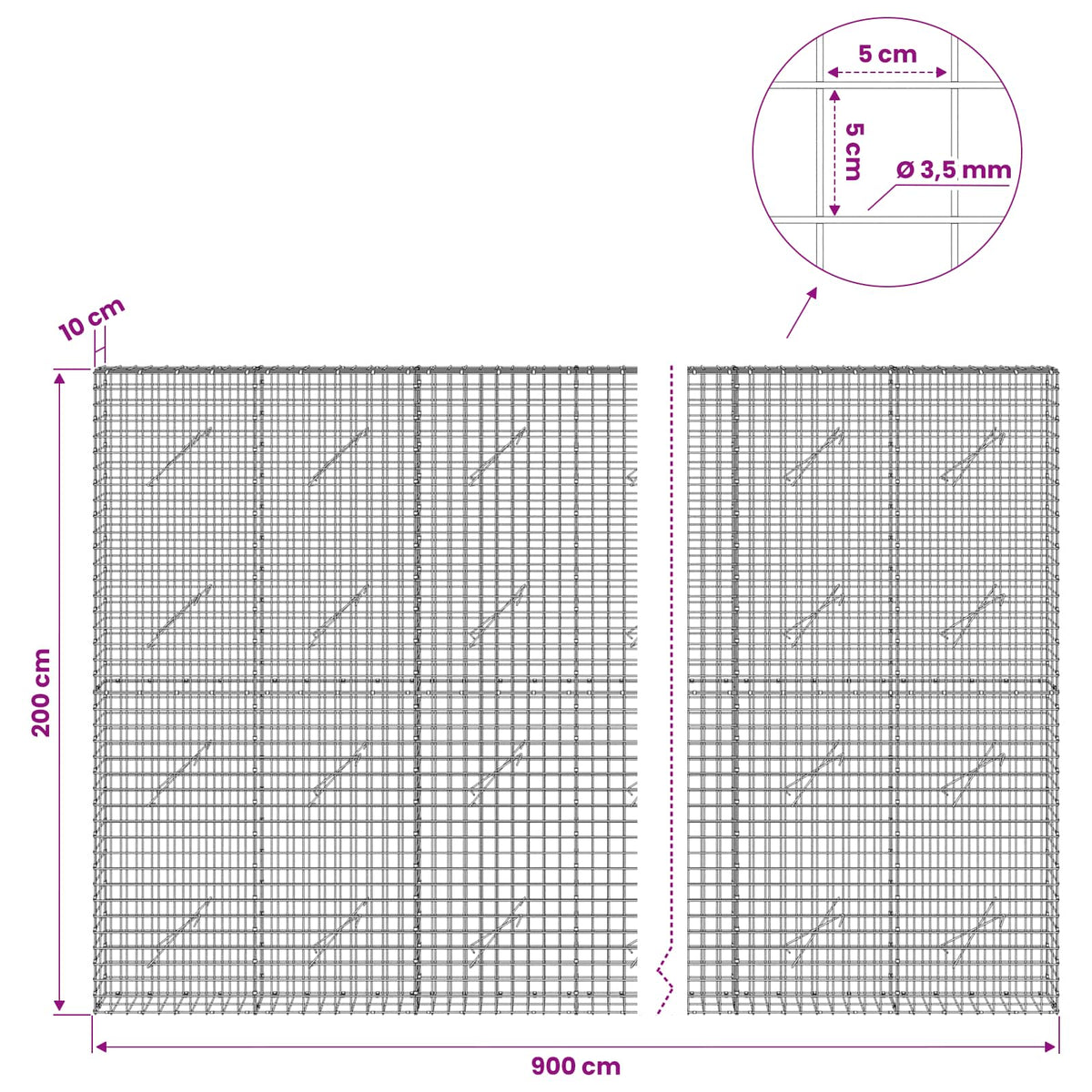 Gabion s žicom debljine 3,5 mm i mrežom 5x5 cm 900x10x200 cm