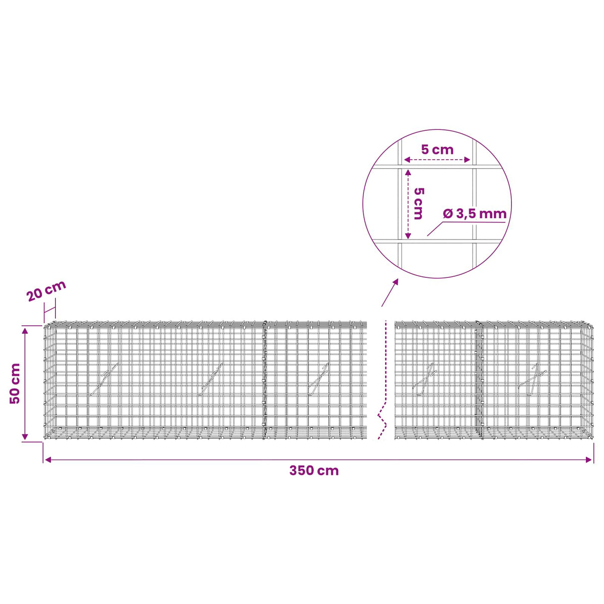 Gabion s žicom debljine 3,5 mm i mrežom 5x5 cm 350x20x50 cm