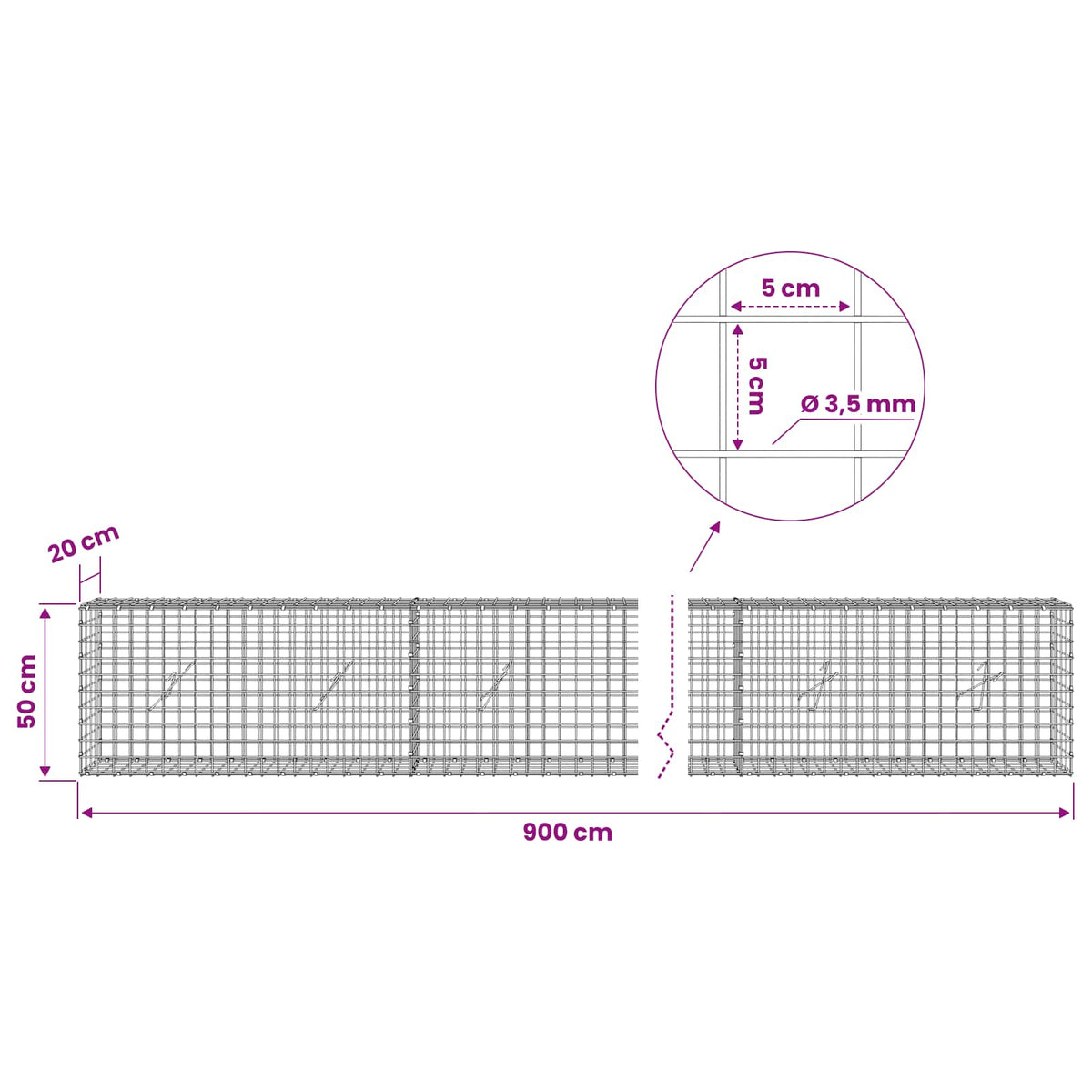 Gabion s žicom debljine 3,5 mm i mrežom 5x5 cm 900x20x50 cm