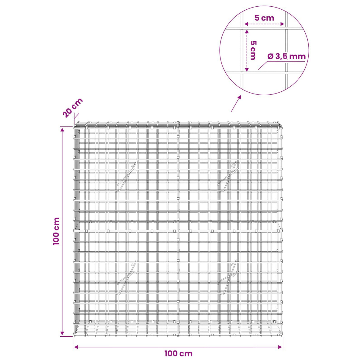 Gabion s žicom debljine 3,5 mm i mrežom 5x5 cm 100x20x100 cm
